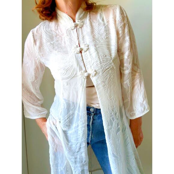 Vintage 90s Off White Womens Cheongsam Jacket Size Small Sheer Ethnic tops - Picture 1 of 11
